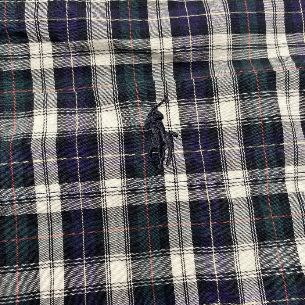 VTG Polo Ralph Lauren Shirt Mens XL‎ Blue Plaid Adams Short Sleeve Pony Logo 90s